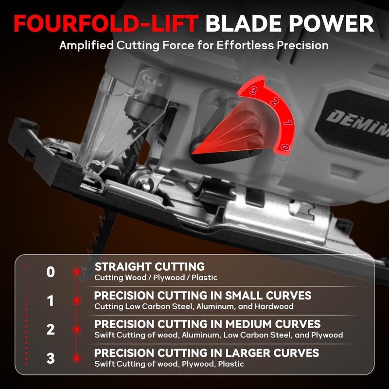 DEMIMA Cordless Jig Saw for Milwaukee M18 Battery, 7 Speed Variable ​​Up to 3200RPM, LED Light, 45° Bevel Cuts, 3 Orbital Motions, with Jig Saw Blade for Straight/Curve/Circle Cutting(Battery Not Include) - Image 4